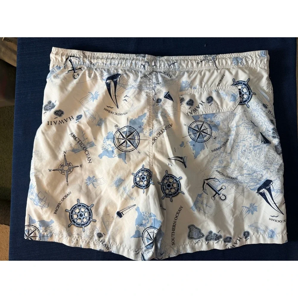 Swim Trunks XL White Blue Nautical Map Anchor Print Shorts Trader Bay Coastal